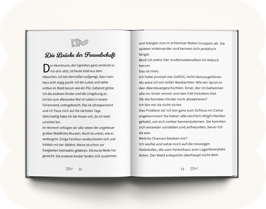 <div class="metafield-rich_text_field"><h2>Was erwartet dich in diesem Buch?</h2><p>In diesem besonderen Mutmachbuch erlebt dein Junge eine warmherzige Geschichte rund um sein erstes Sommer-Feriencamp – und er selbst steht als mutiger Held im Mittelpunkt. Er begibt sich auf ein spannendes Abenteuer, lernt neue Freunde kennen und entdeckt, wie viel Kraft, Neugier und Mut in ihm steckt. Jede Seite wurde liebevoll gestaltet, um ihm Selbstvertrauen zu schenken, ihn zu inspirieren und ihm das Gefühl zu geben, stark, einzigartig und bereit für jedes Camp-Abenteuer zu sein. Ein Buch, das stärkt, begeistert und lange in Erinnerung bleibt.</p></div>