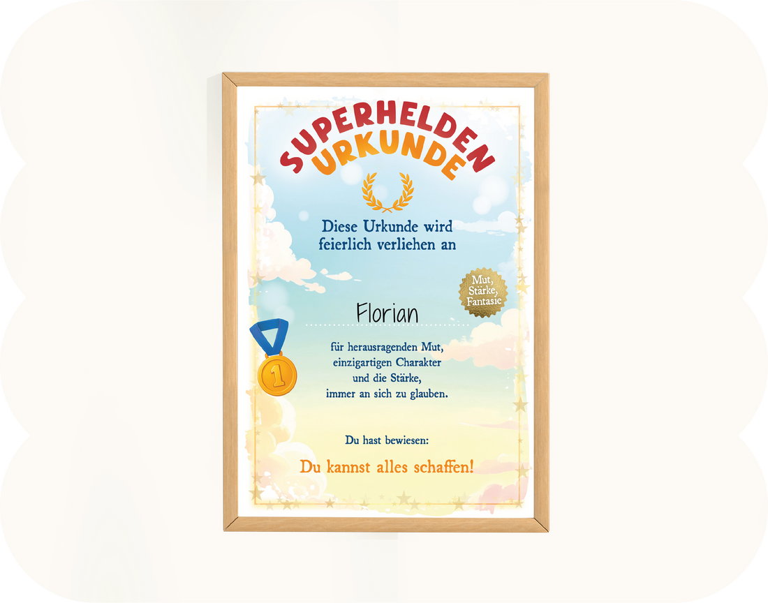 <div class="metafield-rich_text_field"><h2>Superheldenurkunde</h2><p>Am Ende des Buches erhält dein Kind die Möglichkeit, seine eigene Superheldenurkunde herunterzuladen – personalisiert mit seinem Namen. Diese besondere Auszeichnung stärkt das Selbstbewusstsein, weil sich Kinder als kompetent, mutig und wirksam erleben. Pädagogisch wertvoll ist vor allem der Moment, in dem sie ihre Leistung sichtbar in den Händen halten: Das fördert ein positives Selbstbild, unterstützt die Entwicklung innerer Stärke und motiviert sie, Herausforderungen im Alltag selbstbewusster anzugehen. Eine kleine Urkunde mit großer Wirkung.</p></div>