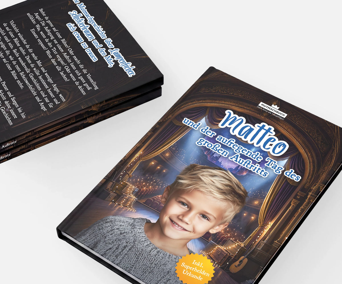 Personalisiertes Mutmachbuch für Jungen vor dem großen Auftritt – Vorder- und Rückseite