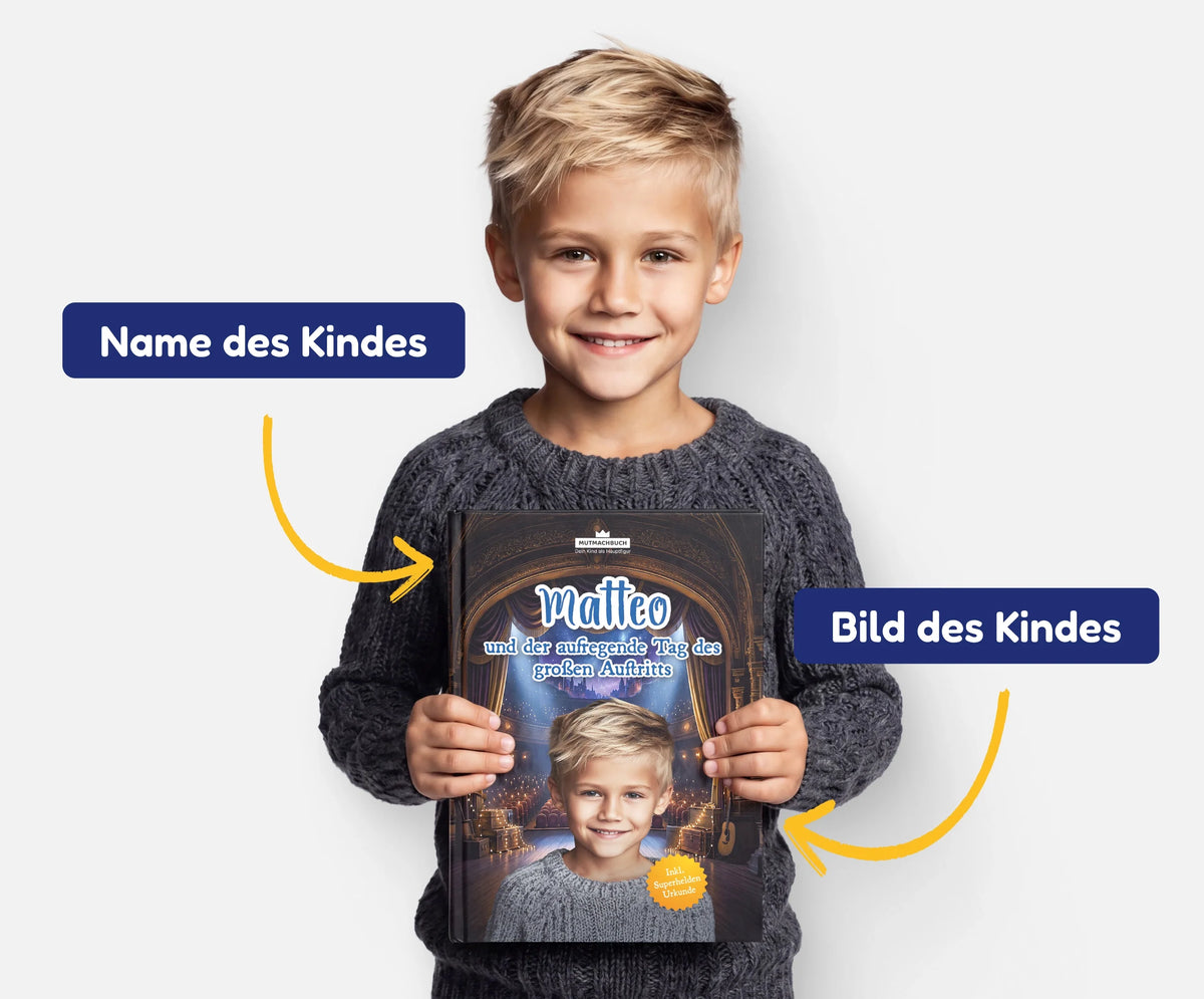 Personalisiertes Mutmachbuch für Jungen vor dem großen Auftritt – Name und Foto des Kindes auf dem Cover
