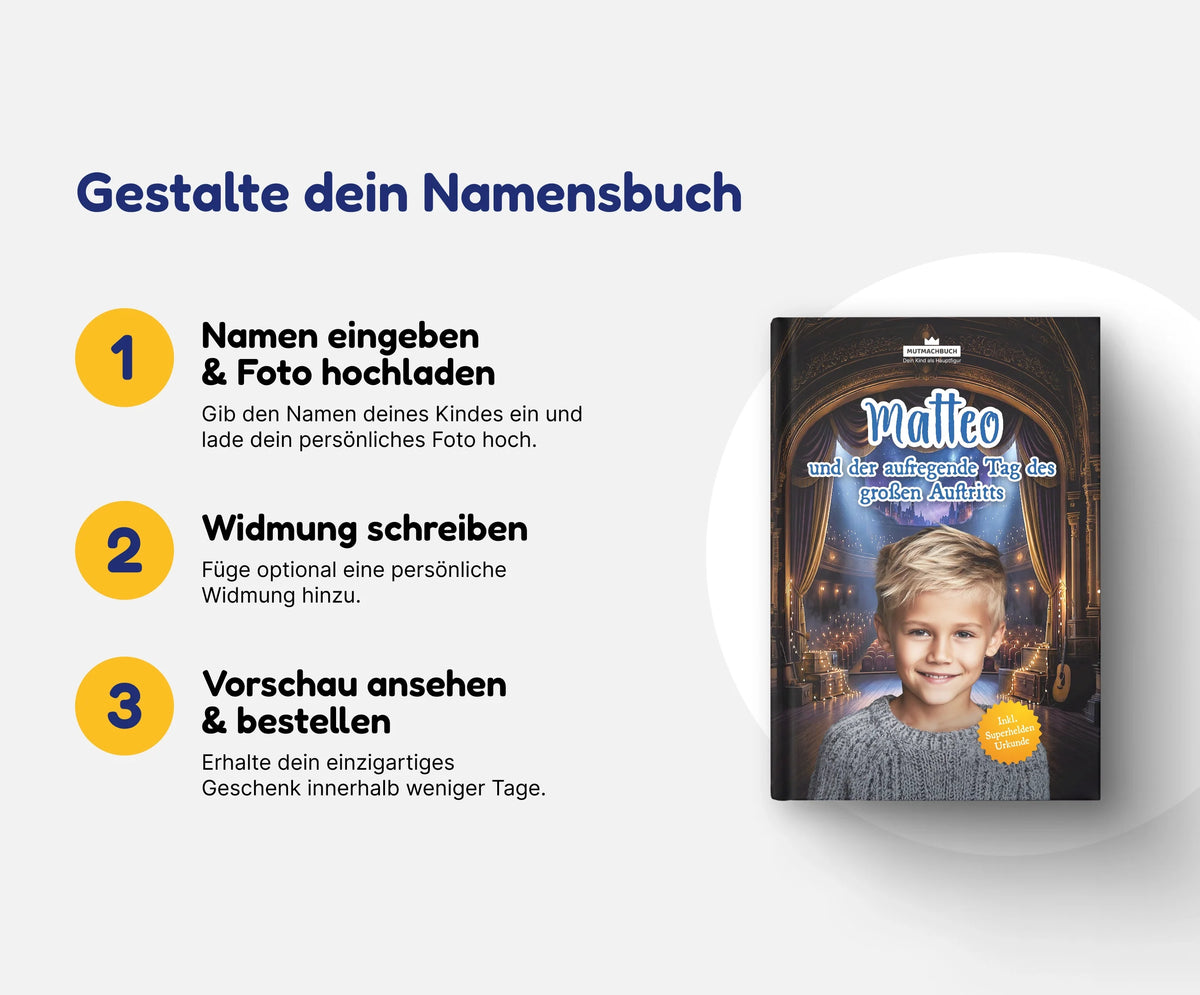 Personalisiertes Mutmachbuch für Jungen vor dem großen Auftritt – In 3 Schritten zum eigenen Namensbuch