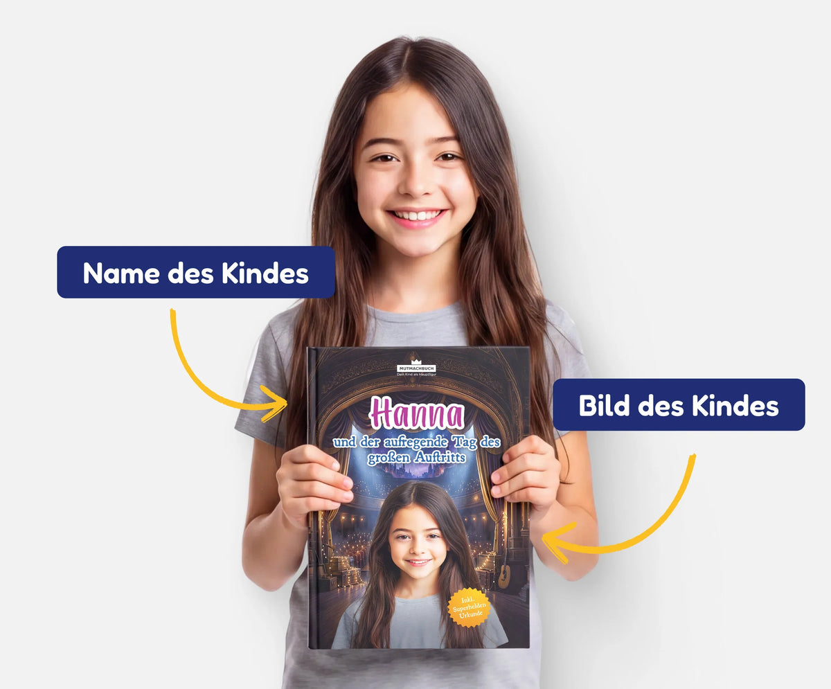 Personalisiertes Mutmachbuch für Mädchen vor dem großen Auftritt – Name und Foto des Kindes auf dem Cover