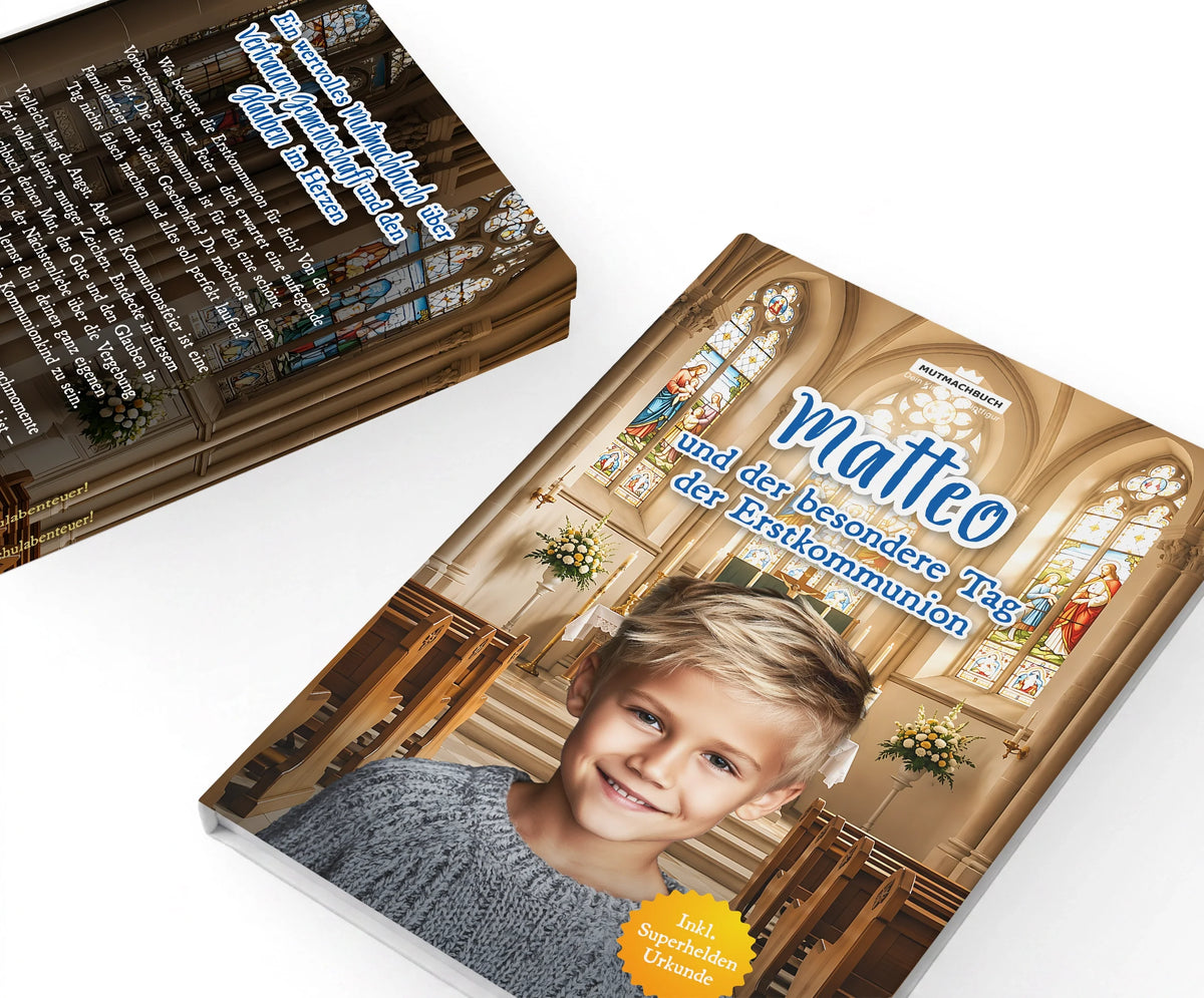 Personalisiertes Mutmachbuch für Jungen zur Erstkommunion – Vorder- und Rückseite