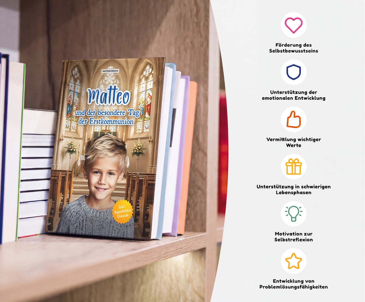 Personalisiertes Mutmachbuch für Jungen zur Erstkommunion – Buch im Regal mit seinen Vorteilen