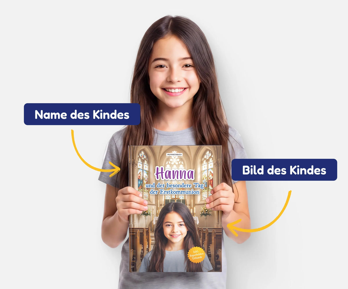 Personalisiertes Mutmachbuch für Mädchen zur Erstkommunion – Name und Foto des Kindes auf dem Cover