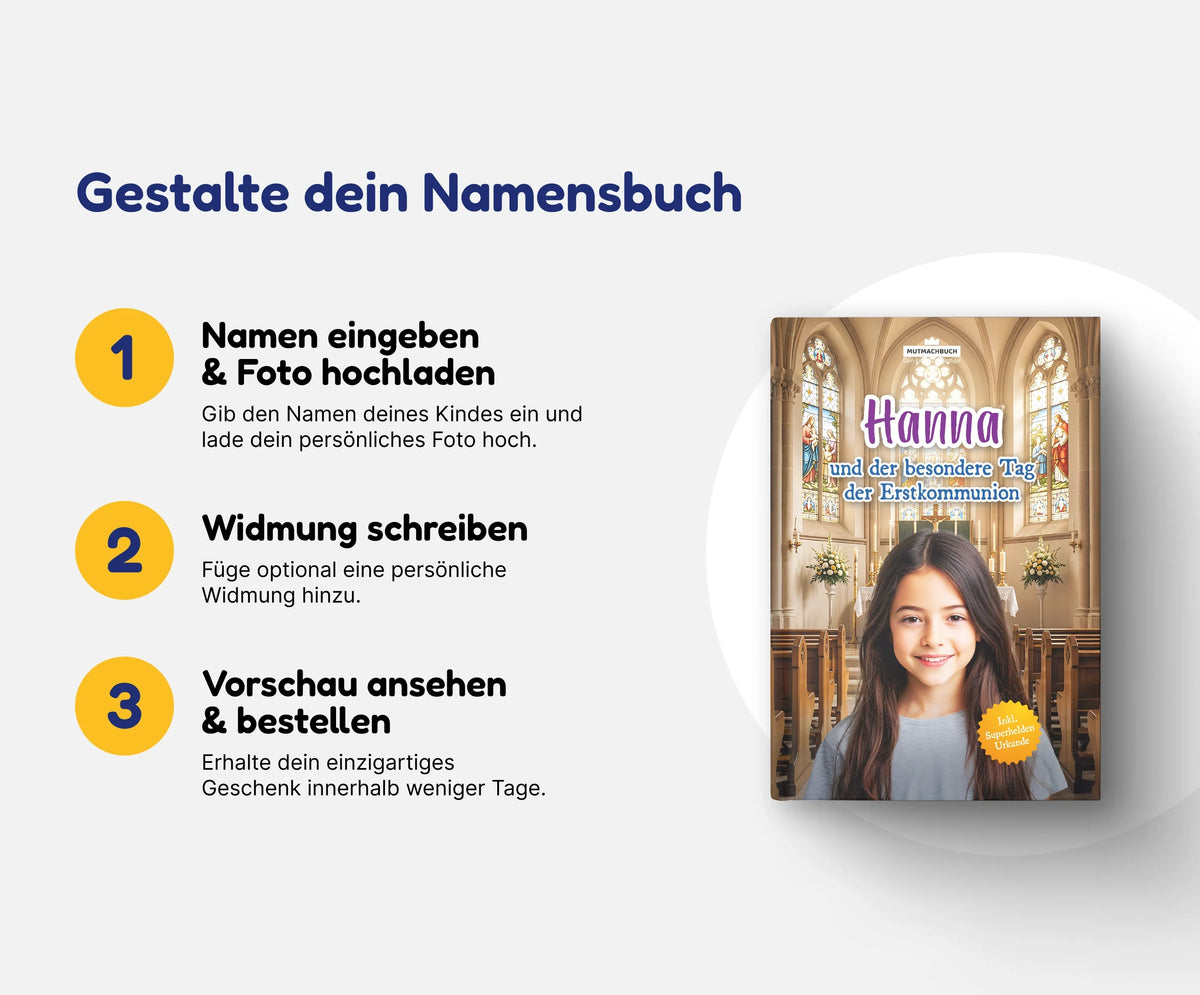 Personalisiertes Mutmachbuch für Mädchen zur Erstkommunion – In 3 Schritten zum eigenen Namensbuch