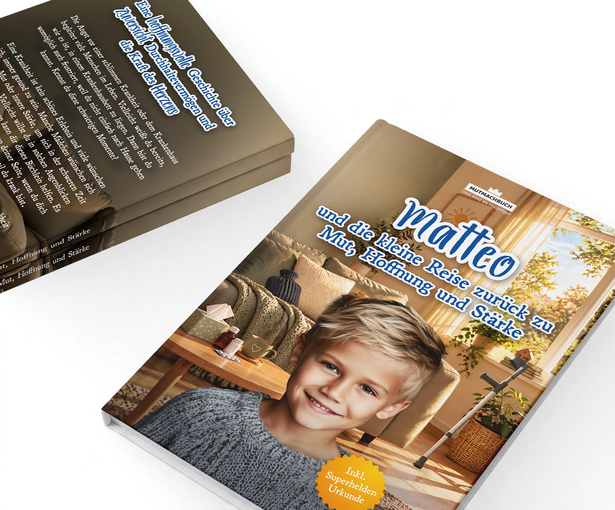 Personalisiertes Mutmachbuch für Jungen bei Krankheit – Vorder- und Rückseite
