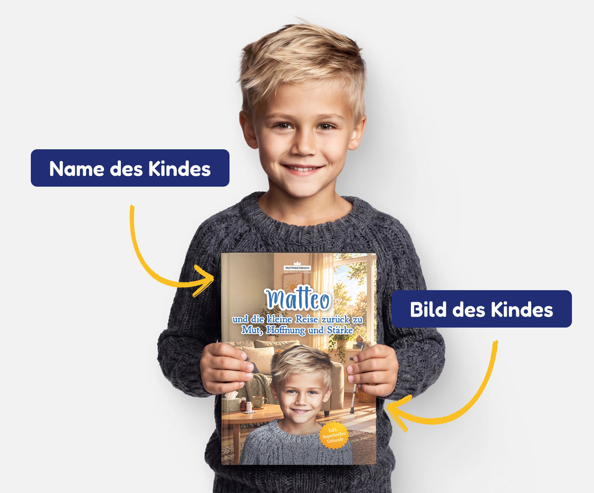 Personalisiertes Mutmachbuch für Jungen bei Krankheit – Name und Foto des Kindes auf dem Cover