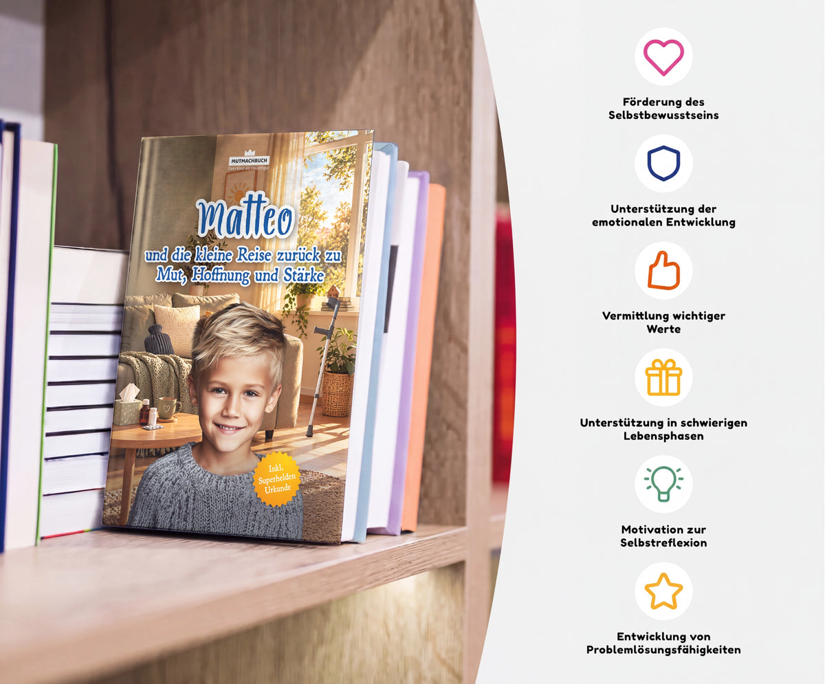 Personalisiertes Mutmachbuch für Jungen bei Krankheit – Buch im Regal mit seinen Vorteilen
