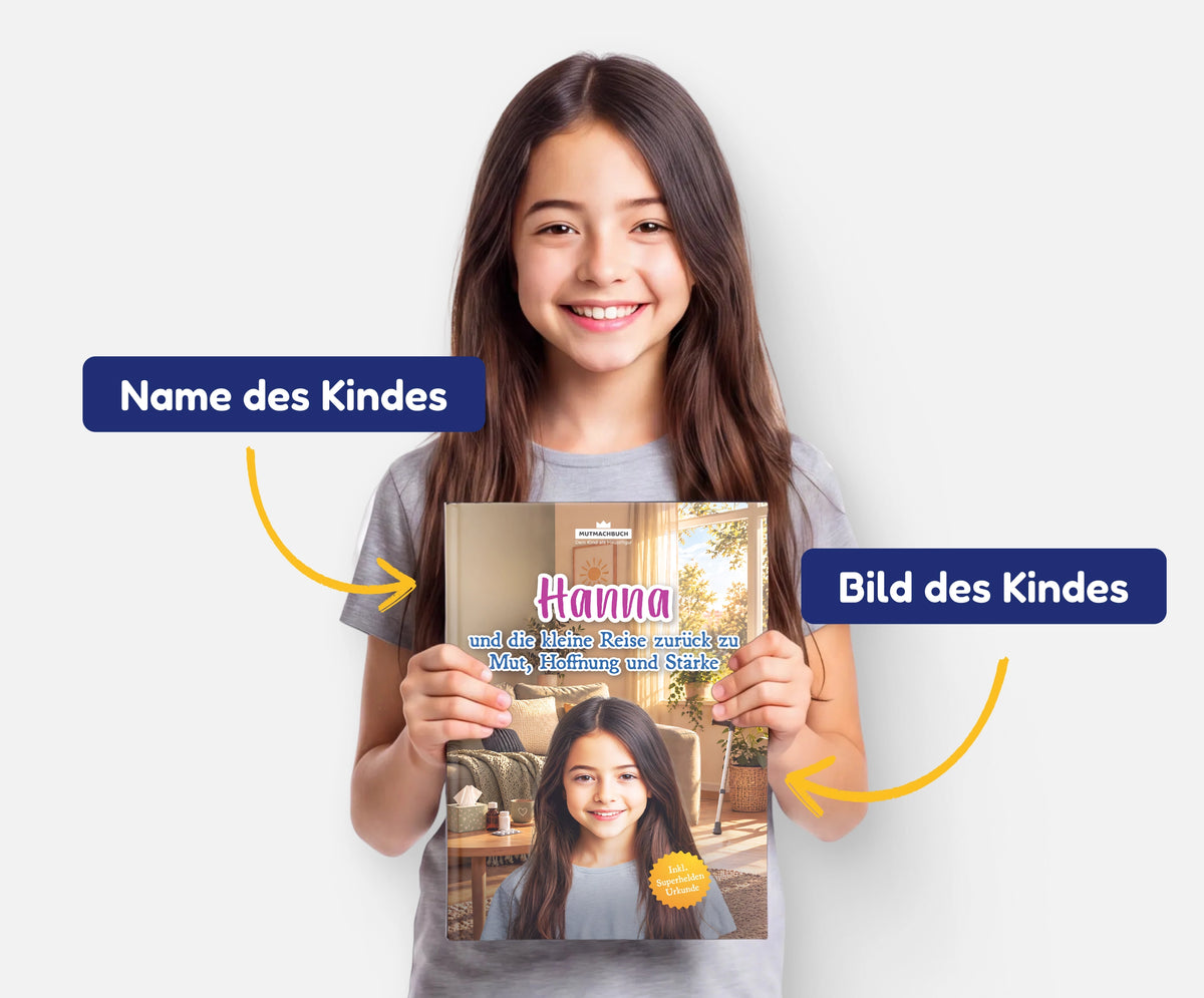 Personalisiertes Mutmachbuch für Mädchen bei Krankheit – Name und Foto des Kindes auf dem Cover