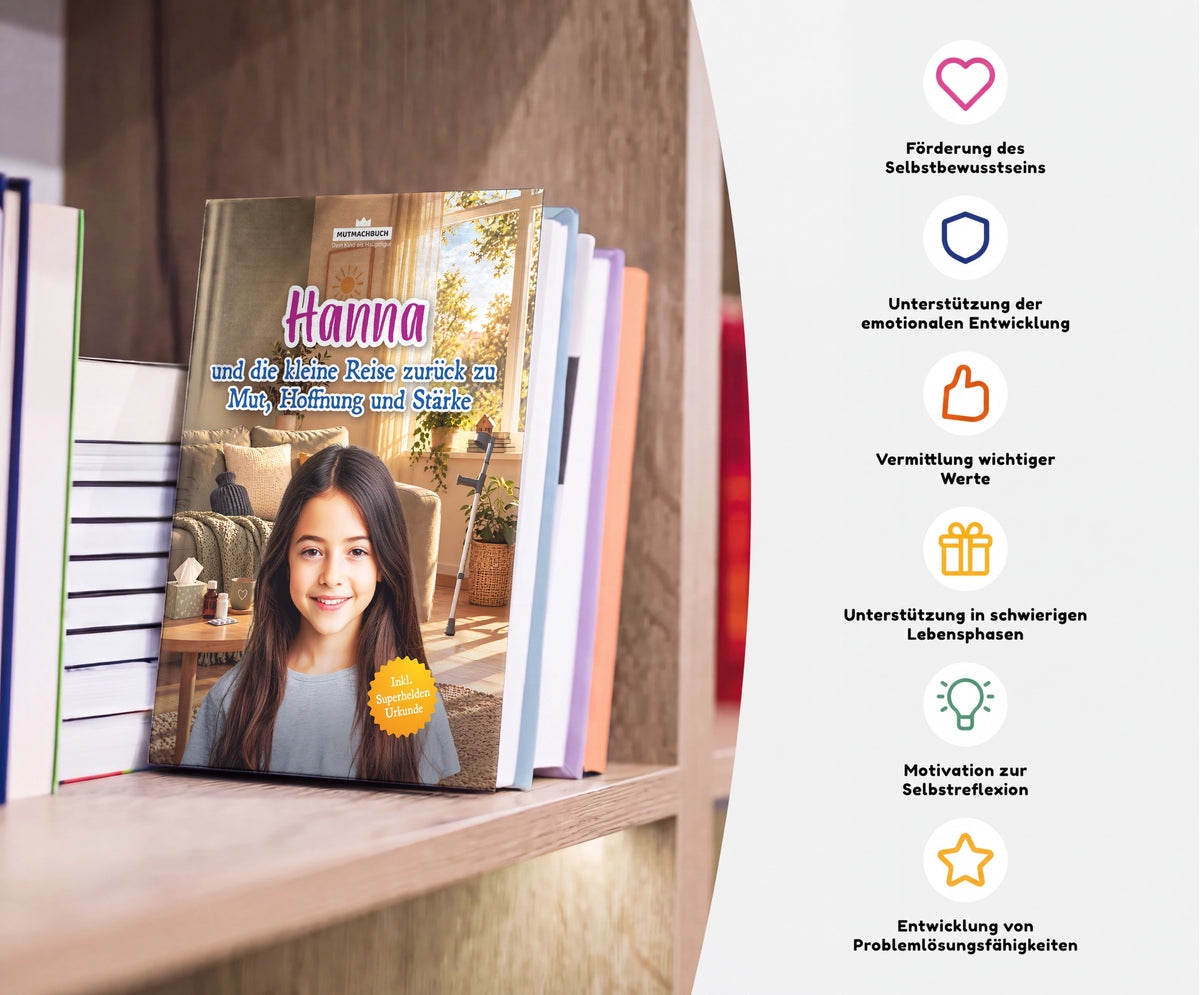 Personalisiertes Mutmachbuch für Mädchen bei Krankheit – Buch im Regal mit seinen Vorteilen