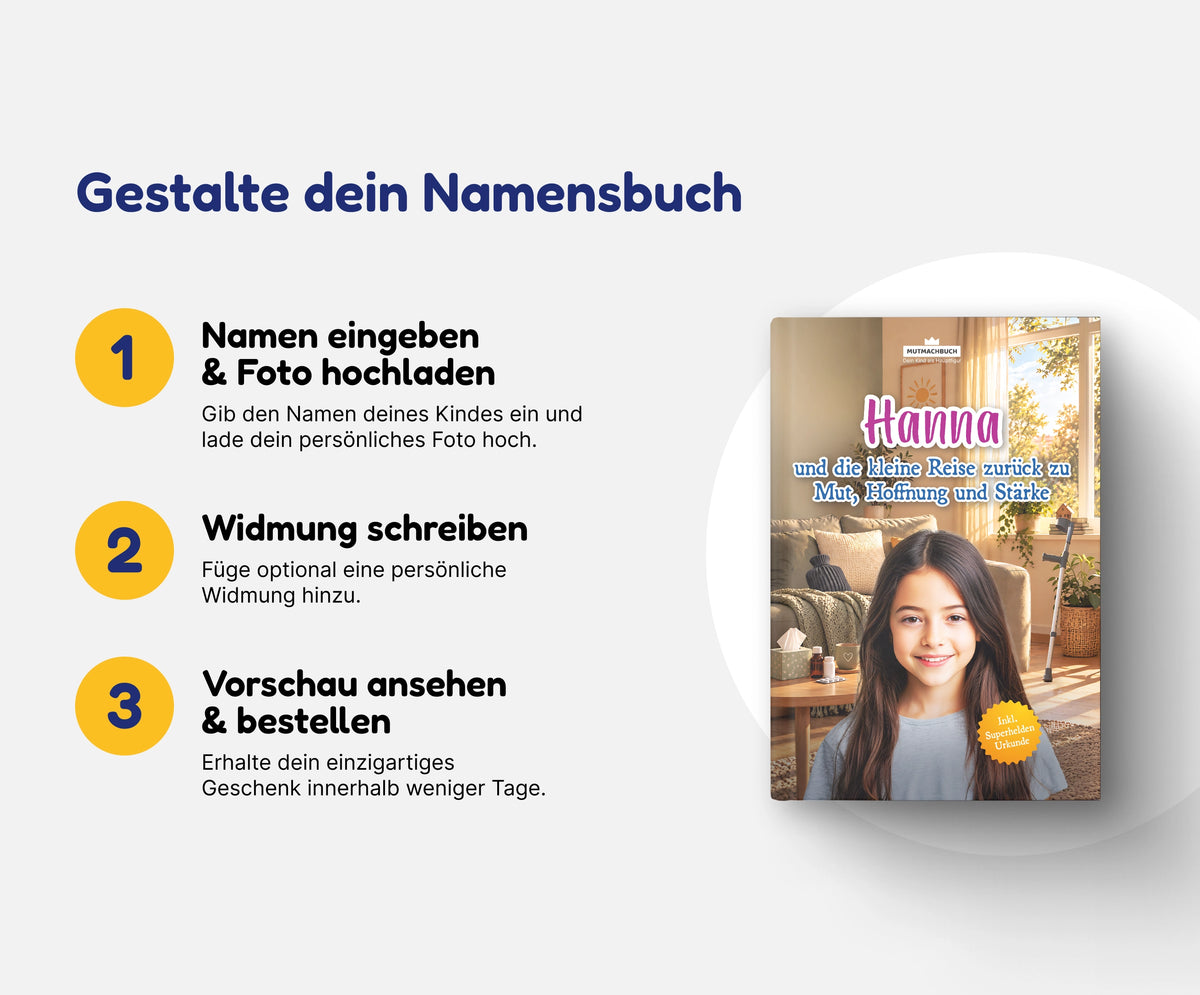 Personalisiertes Mutmachbuch für Mädchen bei Krankheit – In 3 Schritten zum eigenen Namensbuch