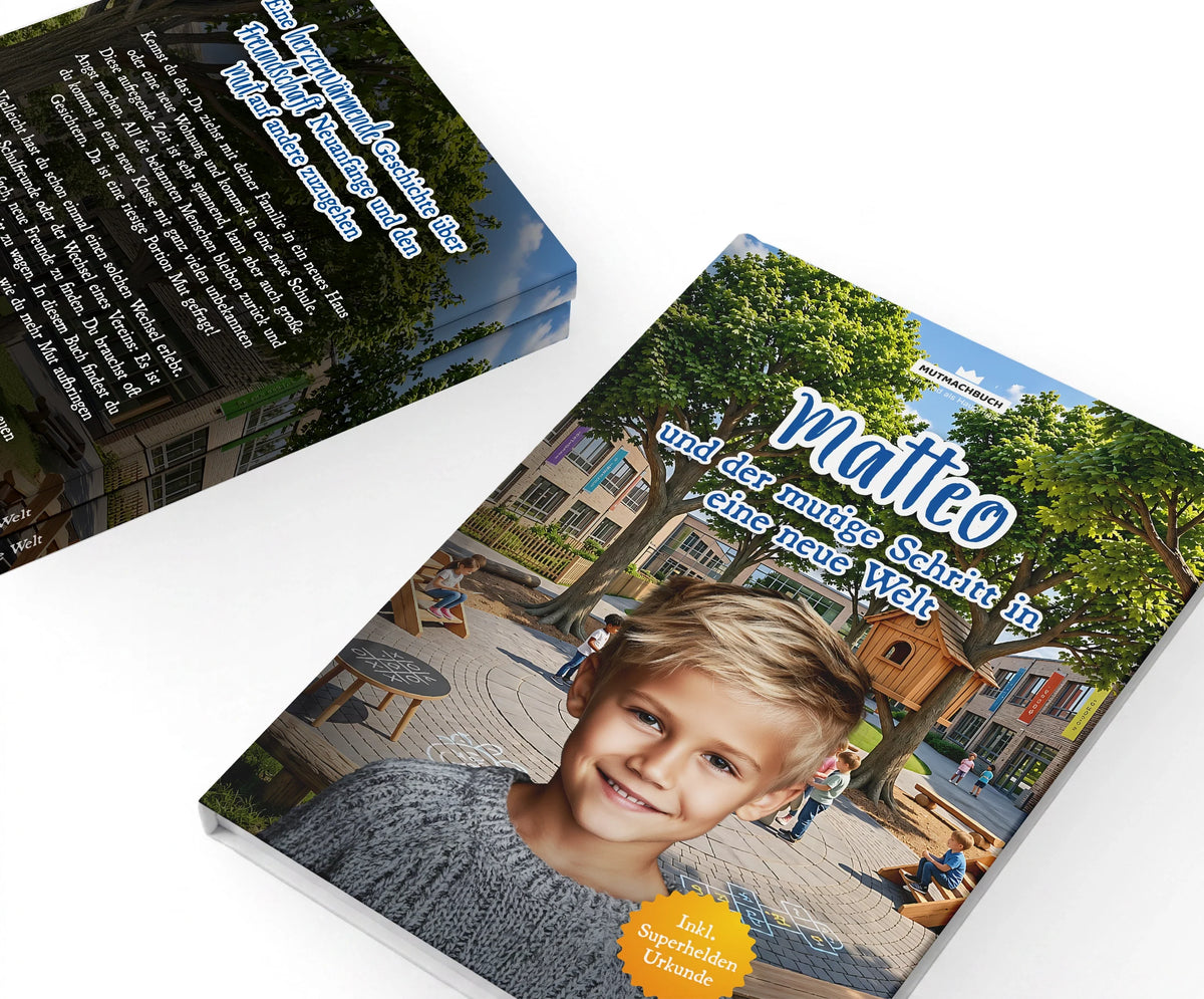 Personalisiertes Mutmachbuch für Jungen bei Umzug oder Schulwechsel – Vorder- und Rückseite