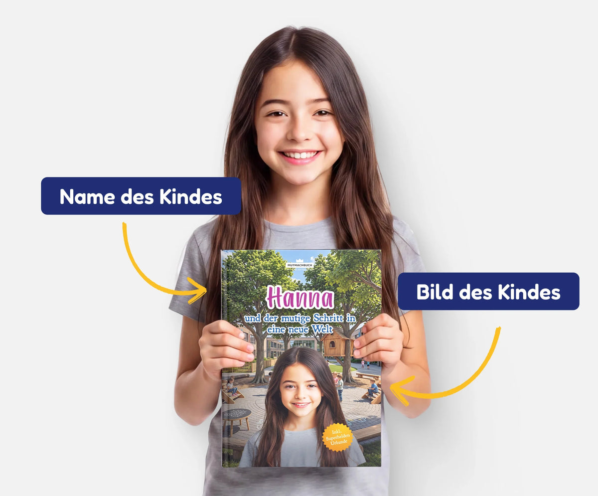 Personalisiertes Mutmachbuch für Mädchen bei Umzug oder Schulwechsel – Name und Foto des Kindes auf dem Cover