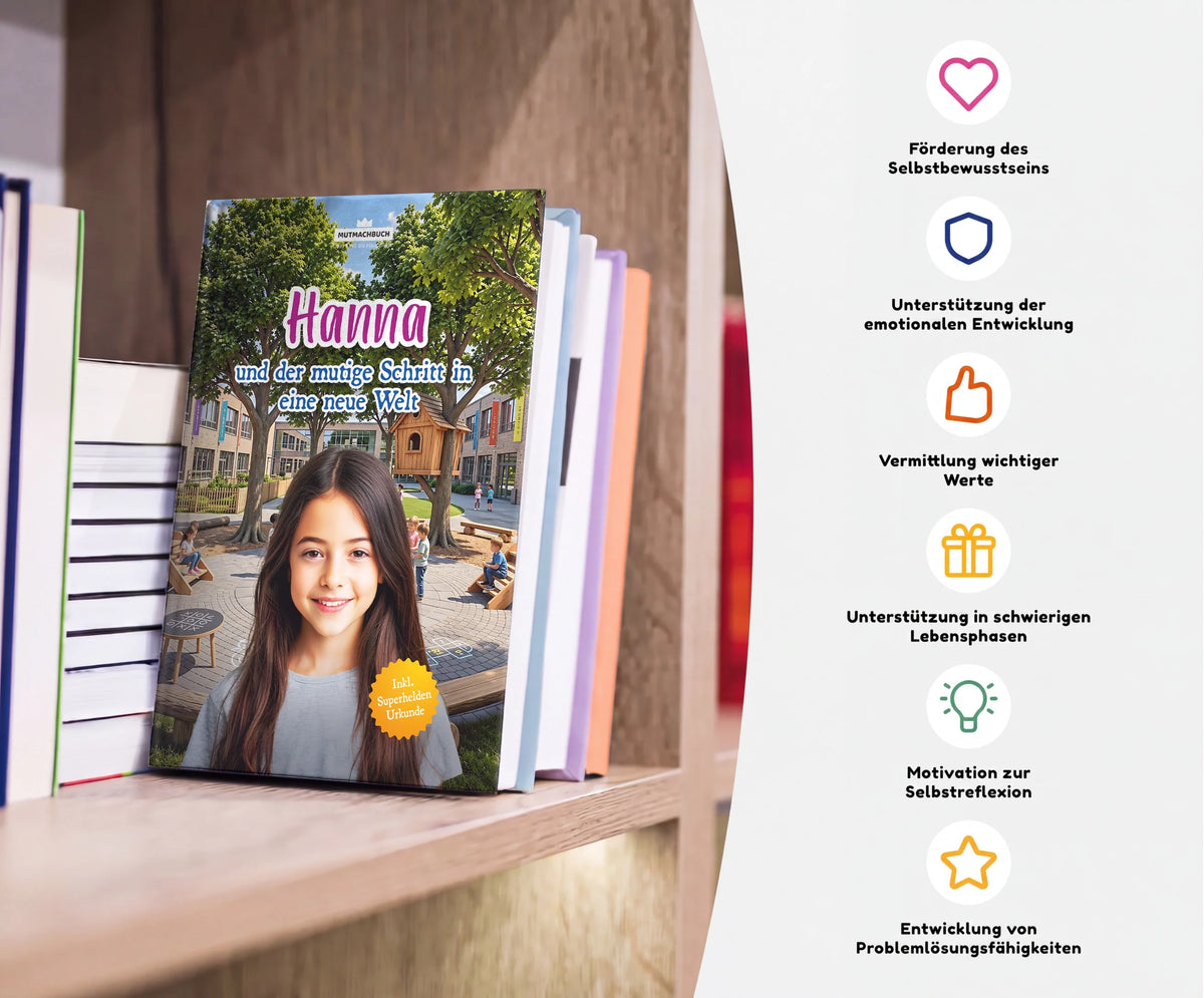 Personalisiertes Mutmachbuch für Mädchen bei Umzug oder Schulwechsel – Buch im Regal mit seinen Vorteilen