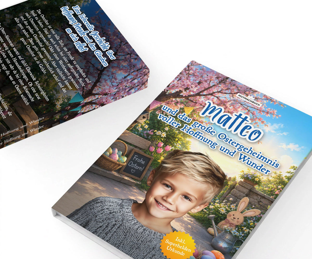 Personalisiertes Mutmachbuch für Jungen zu Ostern – Vorder- und Rückseite
