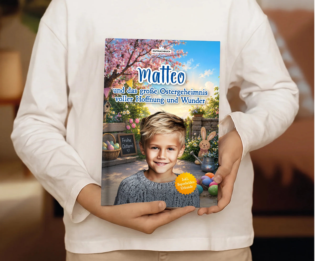 Personalisiertes Mutmachbuch für Jungen zu Ostern – Kind hält das Buch