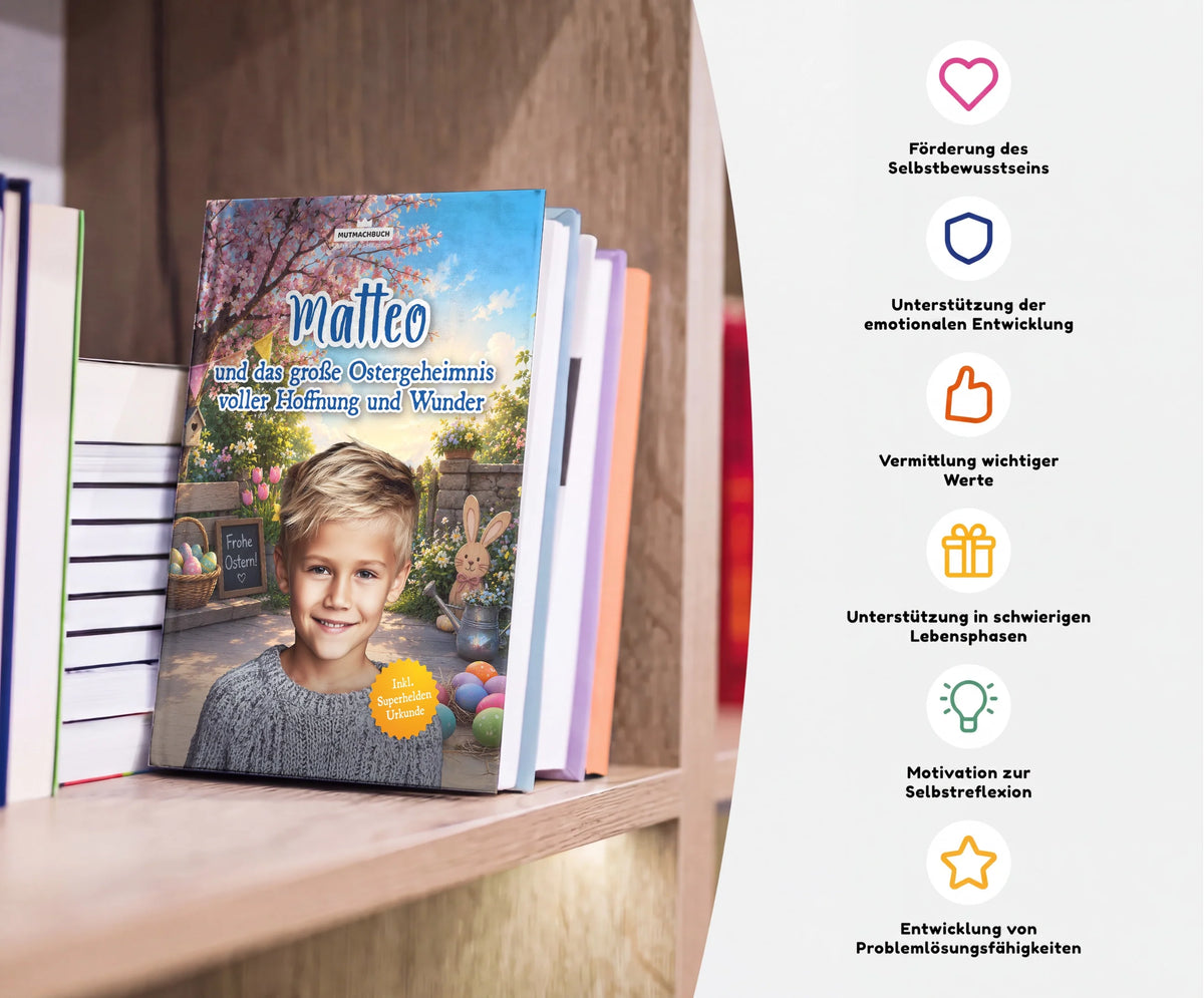 Personalisiertes Mutmachbuch für Jungen zu Ostern – Buch im Regal mit seinen Vorteilen