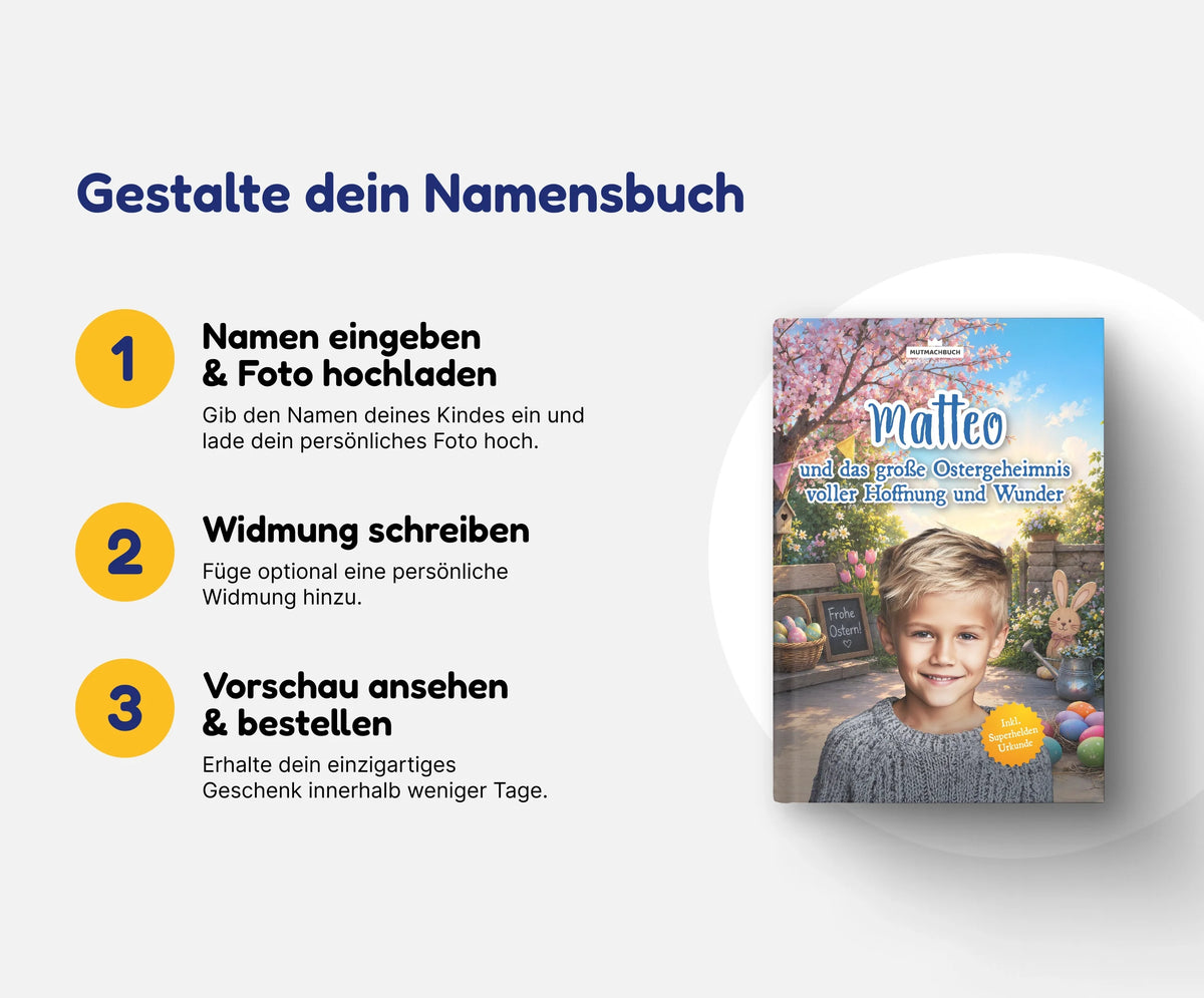 Personalisiertes Mutmachbuch für Jungen zu Ostern – In 3 Schritten zum eigenen Namensbuch