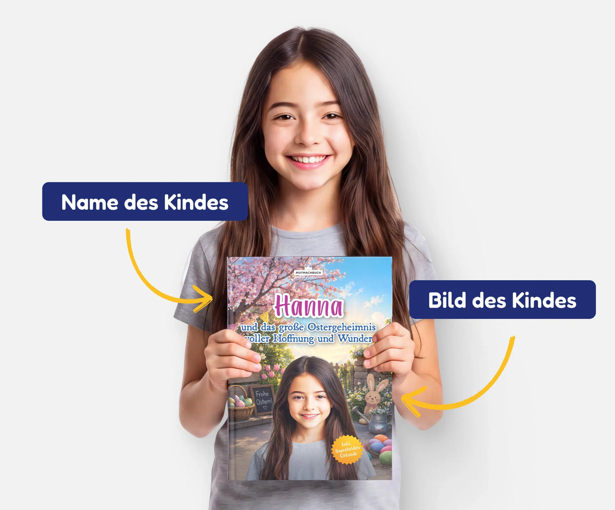 Personalisiertes Mutmachbuch für Mädchen zu Ostern – Name und Foto des Kindes auf dem Cover