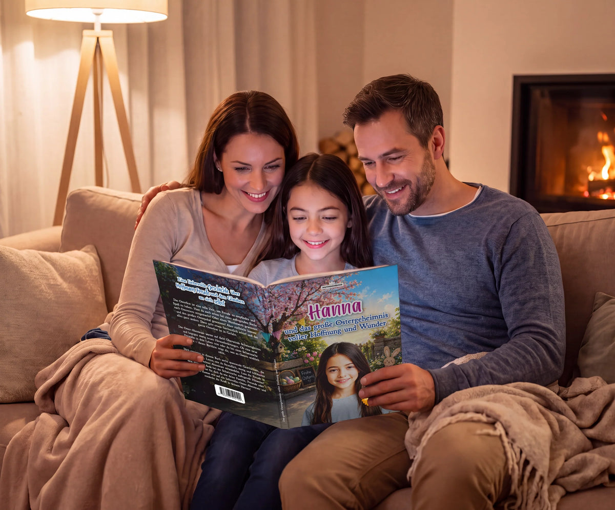 Personalisiertes Mutmachbuch für Mädchen zu Ostern – Familie liest das Buch gemeinsam