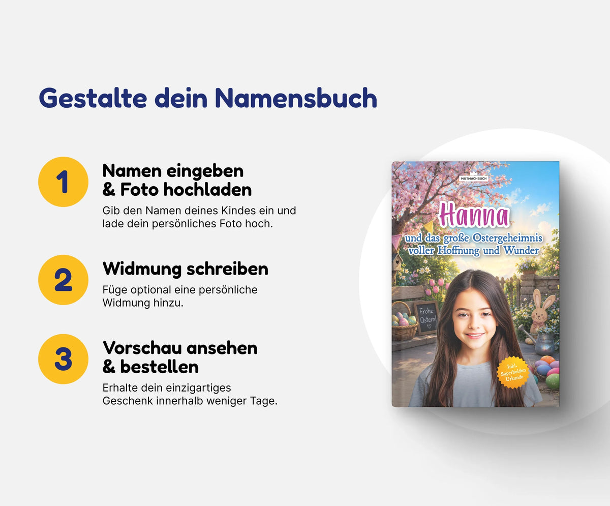 Personalisiertes Mutmachbuch für Mädchen zu Ostern – In 3 Schritten zum eigenen Namensbuch