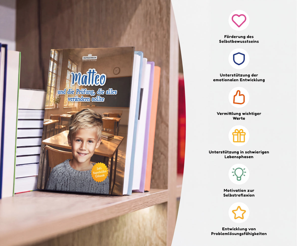 Personalisiertes Mutmachbuch für Jungen gegen Prüfungsangst – Buch im Regal mit seinen Vorteilen