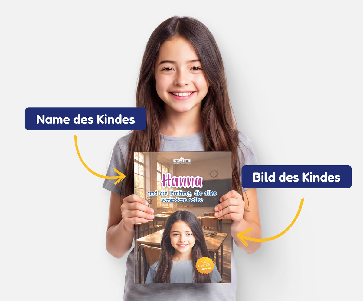 Personalisiertes Mutmachbuch für Mädchen gegen Prüfungsangst – Name und Foto des Kindes auf dem Cover