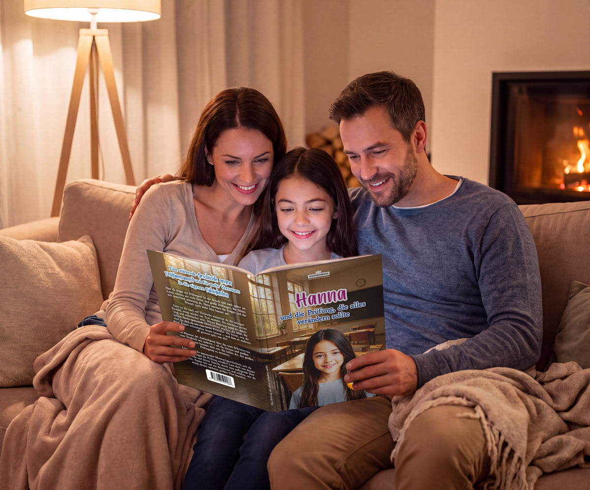 Personalisiertes Mutmachbuch für Mädchen gegen Prüfungsangst – Familie liest das Buch gemeinsam