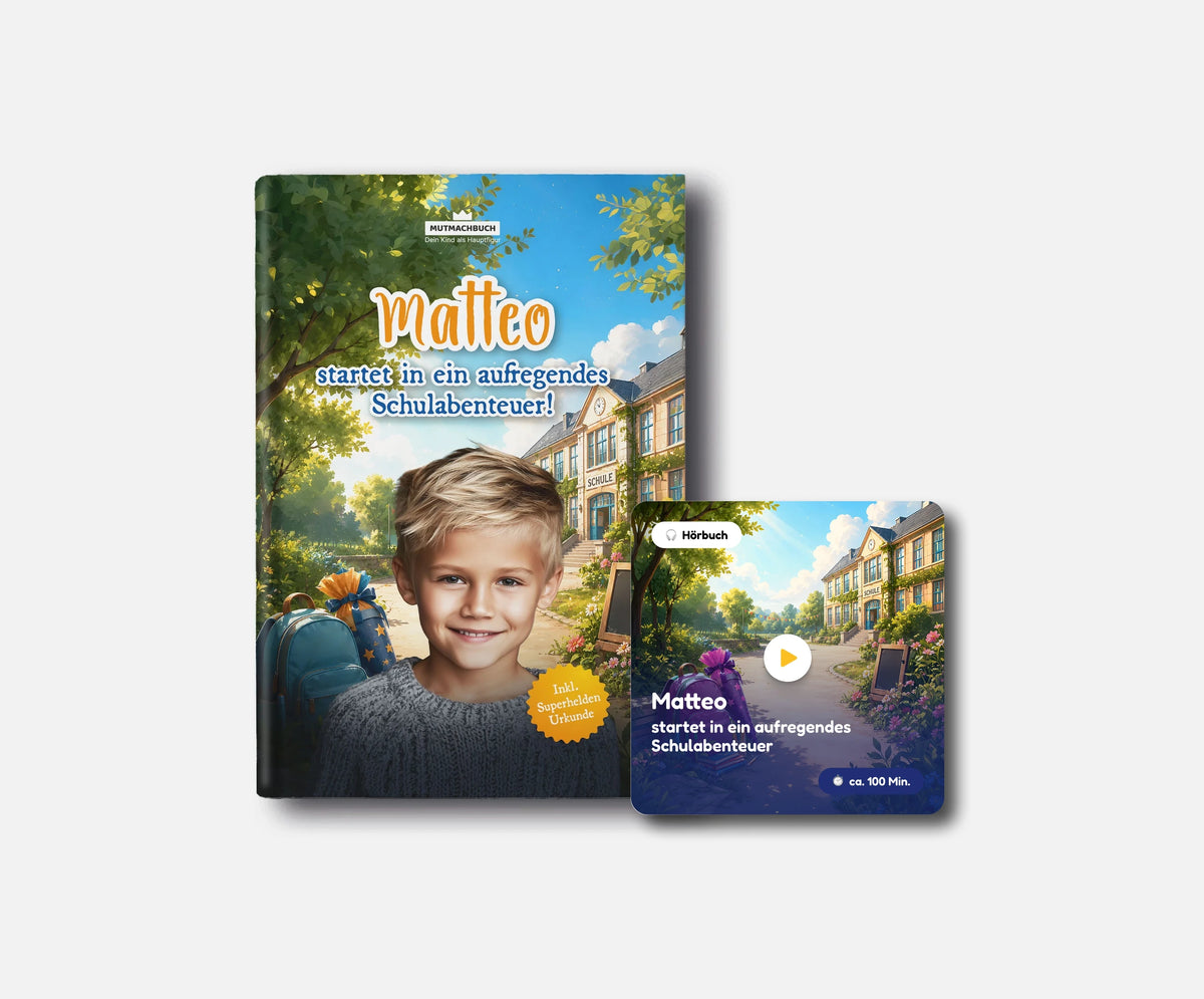 Personalisiertes Mutmachbuch für Jungen zur Einschulung – Kombi: Buch + Hörbuch