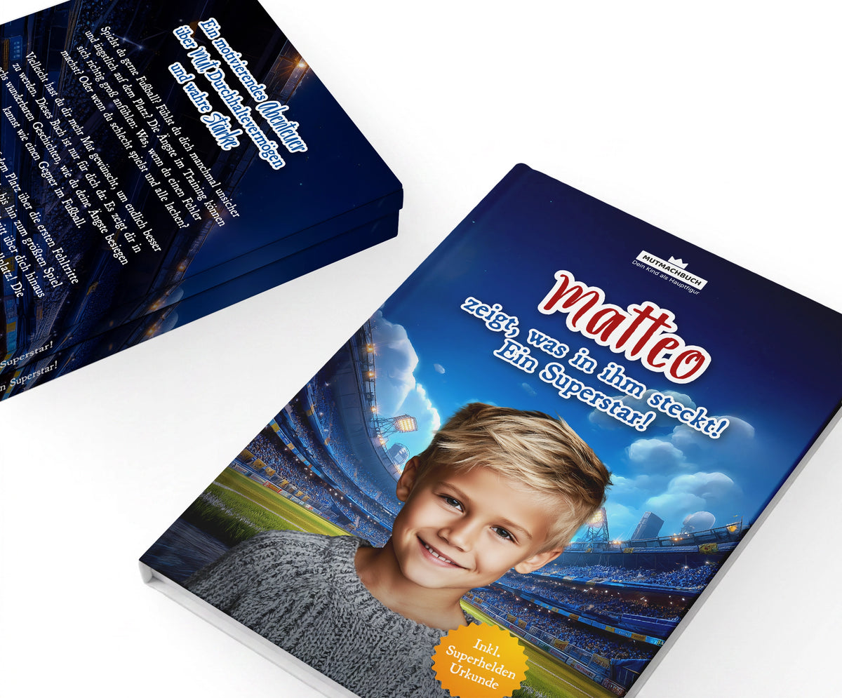 Personalisiertes Mutmachbuch für Jungen für Sport und Wettkampf – Vorder- und Rückseite