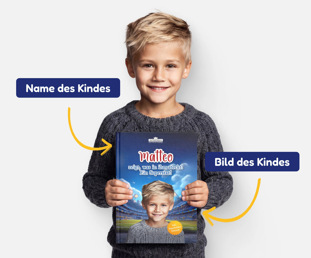 Personalisiertes Mutmachbuch für Jungen für Sport und Wettkampf – Name und Foto des Kindes auf dem Cover