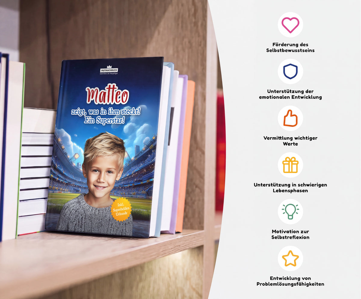 Personalisiertes Mutmachbuch für Jungen für Sport und Wettkampf – Buch im Regal mit seinen Vorteilen