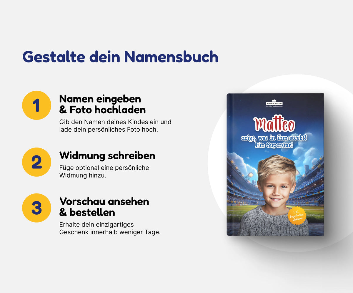 Personalisiertes Mutmachbuch für Jungen für Sport und Wettkampf – In 3 Schritten zum eigenen Namensbuch