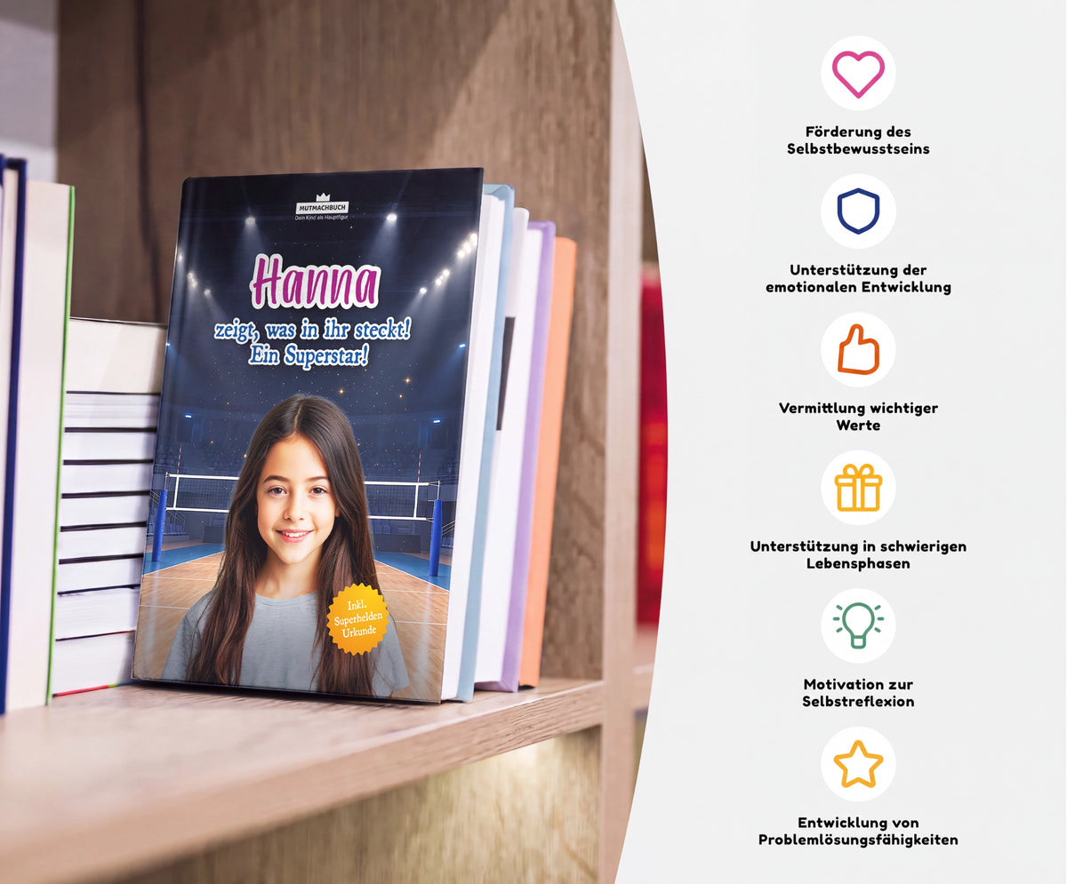 Personalisiertes Mutmachbuch für Mädchen für Sport und Wettkampf – Buch im Regal mit seinen Vorteilen