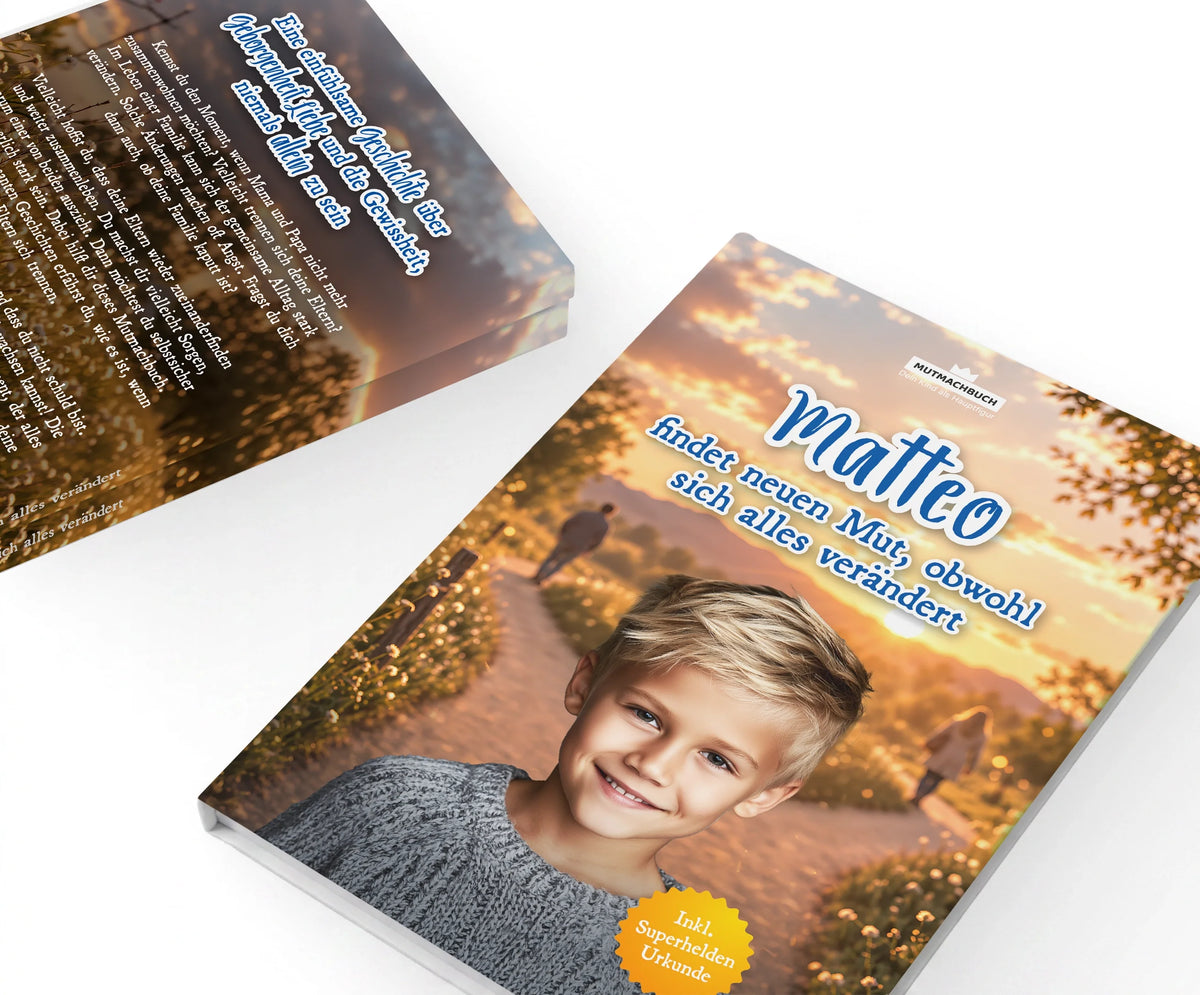 Personalisiertes Mutmachbuch für Jungen bei Trennung der Eltern – Vorder- und Rückseite