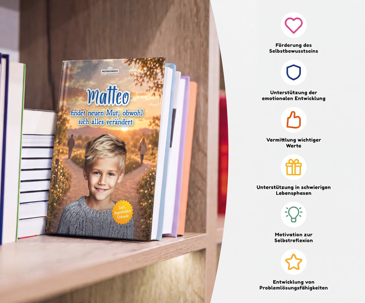Personalisiertes Mutmachbuch für Jungen bei Trennung der Eltern – Buch im Regal mit seinen Vorteilen