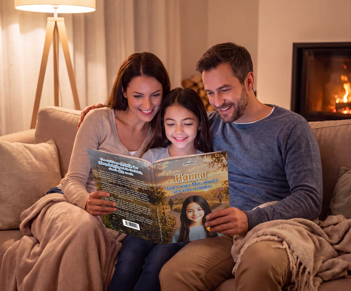Personalisiertes Mutmachbuch für Mädchen bei Trennung der Eltern – Familie liest das Buch gemeinsam