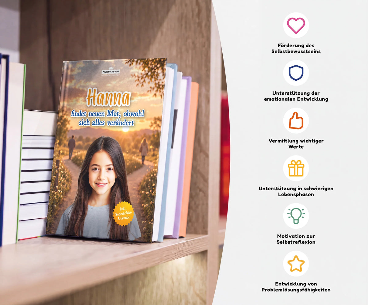 Personalisiertes Mutmachbuch für Mädchen bei Trennung der Eltern – Buch im Regal mit seinen Vorteilen
