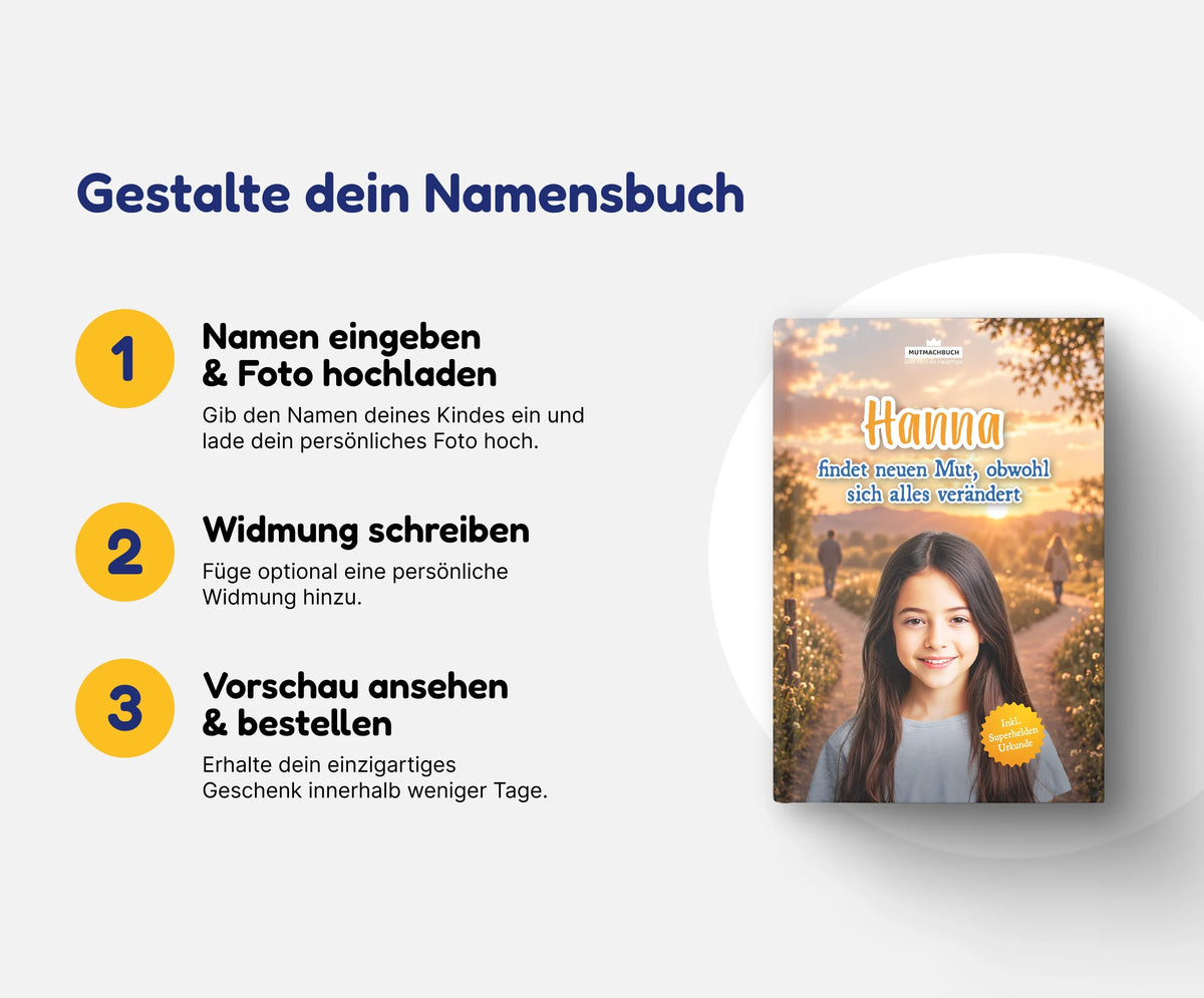 Personalisiertes Mutmachbuch für Mädchen bei Trennung der Eltern – In 3 Schritten zum eigenen Namensbuch