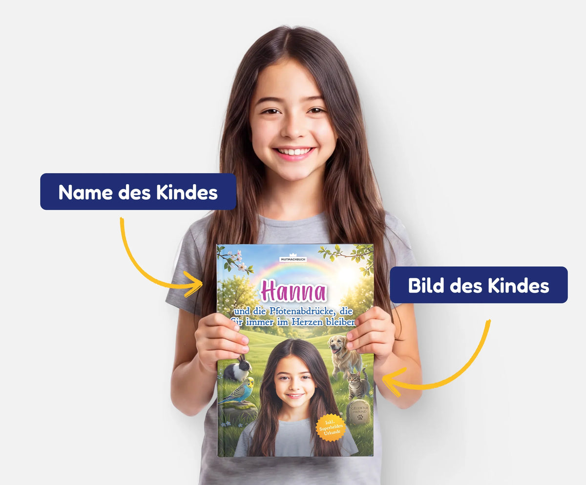 Personalisiertes Mutmachbuch für Mädchen beim Abschied vom Haustier – Name und Foto des Kindes auf dem Cover