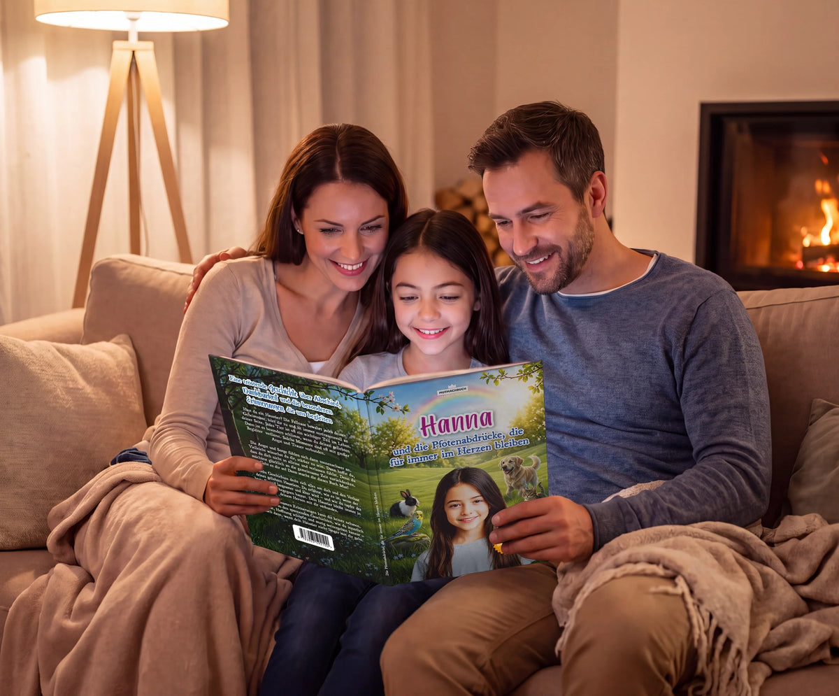 Personalisiertes Mutmachbuch für Mädchen beim Abschied vom Haustier – Familie liest das Buch gemeinsam