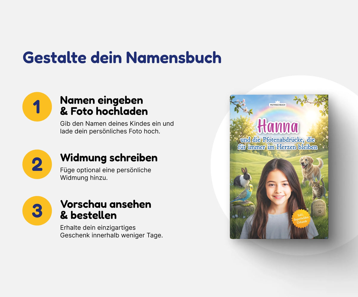 Personalisiertes Mutmachbuch für Mädchen beim Abschied vom Haustier – In 3 Schritten zum eigenen Namensbuch