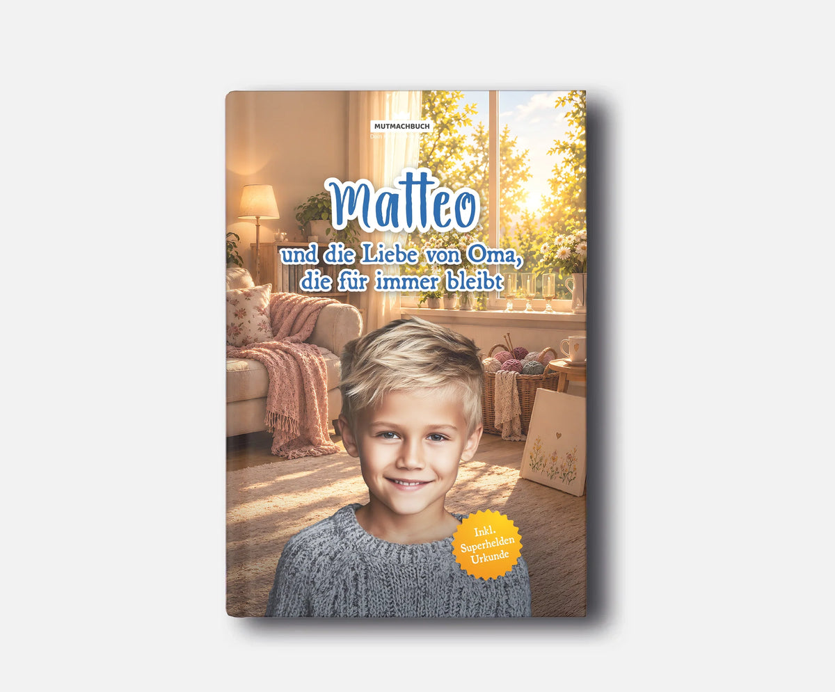 Personalisiertes Mutmachbuch für Jungen beim Abschied von Oma – Buchcover