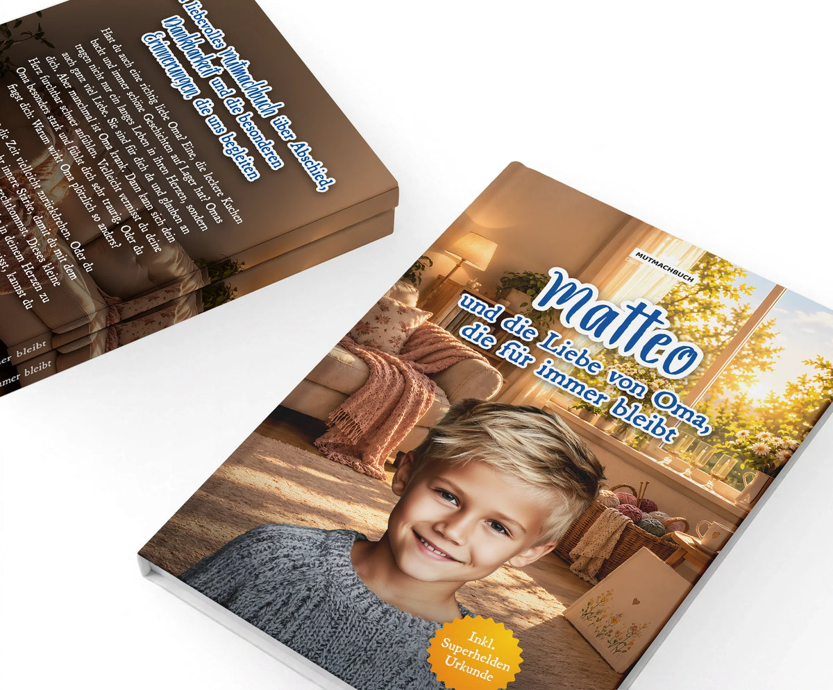 Personalisiertes Mutmachbuch für Jungen beim Abschied von Oma – Vorder- und Rückseite