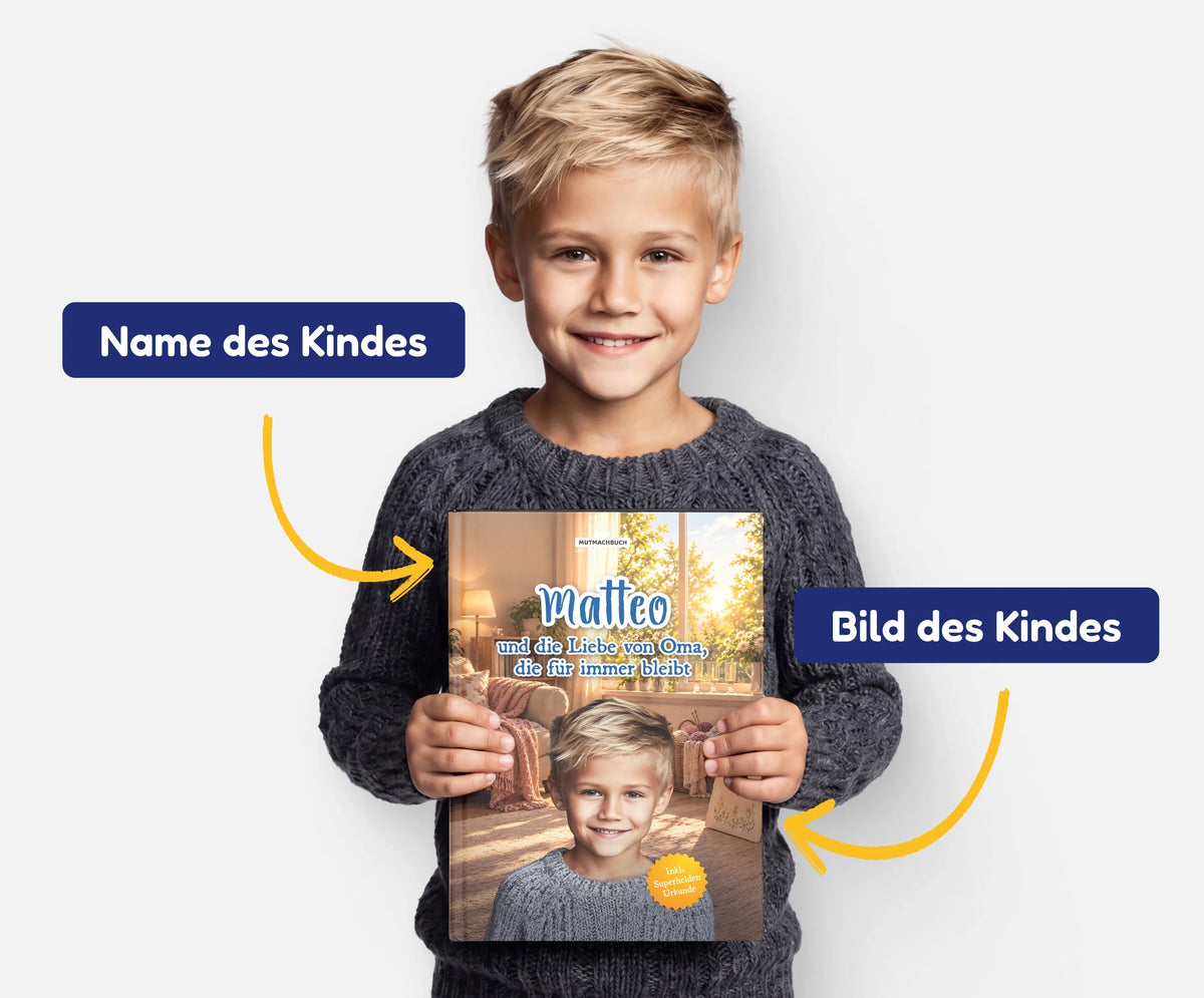 Personalisiertes Mutmachbuch für Jungen beim Abschied von Oma – Name und Foto des Kindes auf dem Cover
