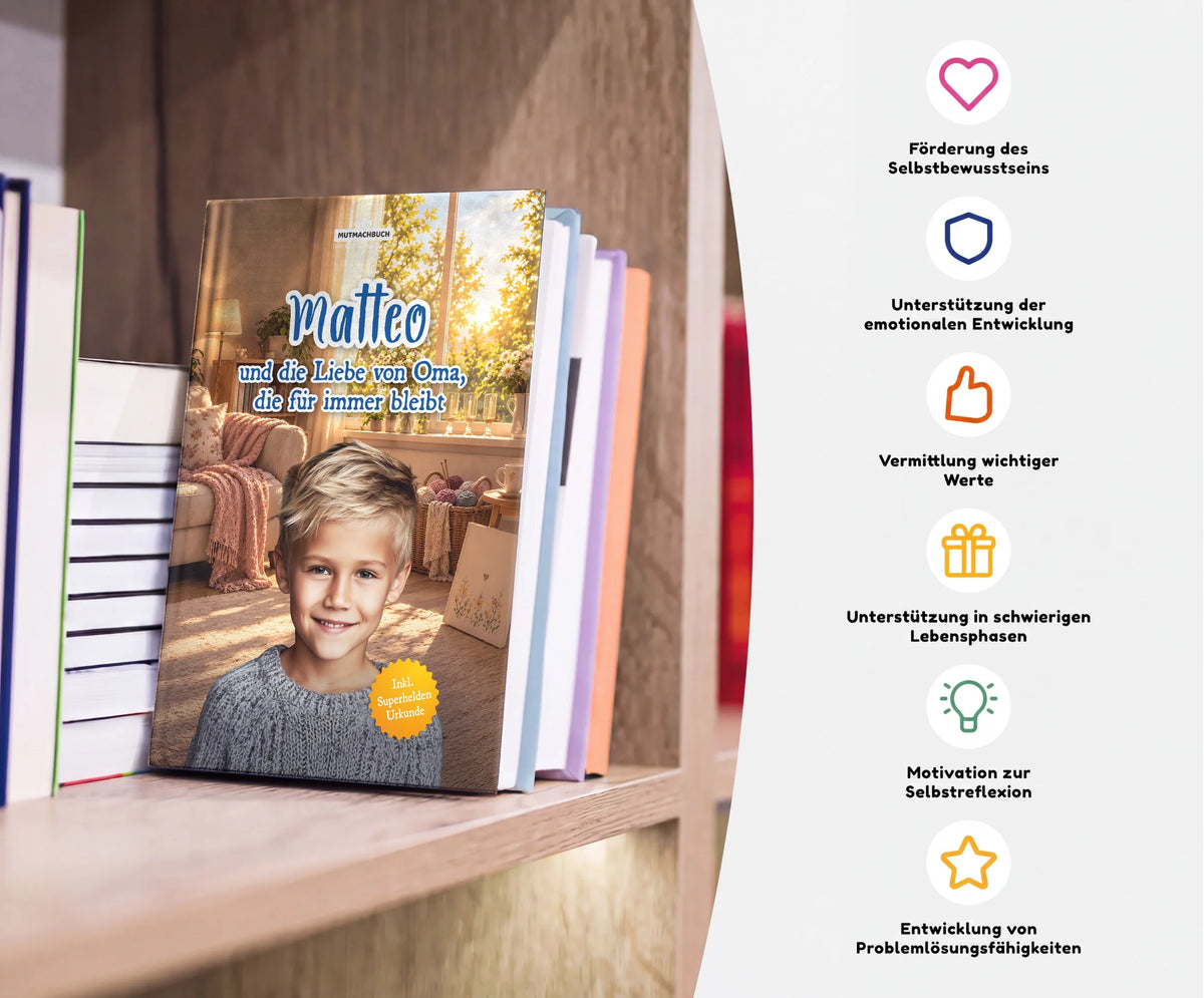 Personalisiertes Mutmachbuch für Jungen beim Abschied von Oma – Buch im Regal mit seinen Vorteilen