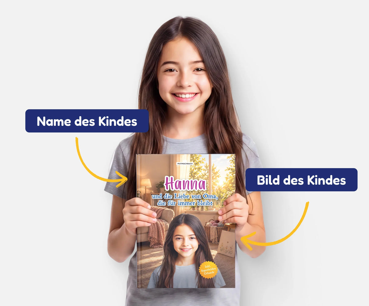 Personalisiertes Mutmachbuch für Mädchen beim Abschied von Oma – Name und Foto des Kindes auf dem Cover