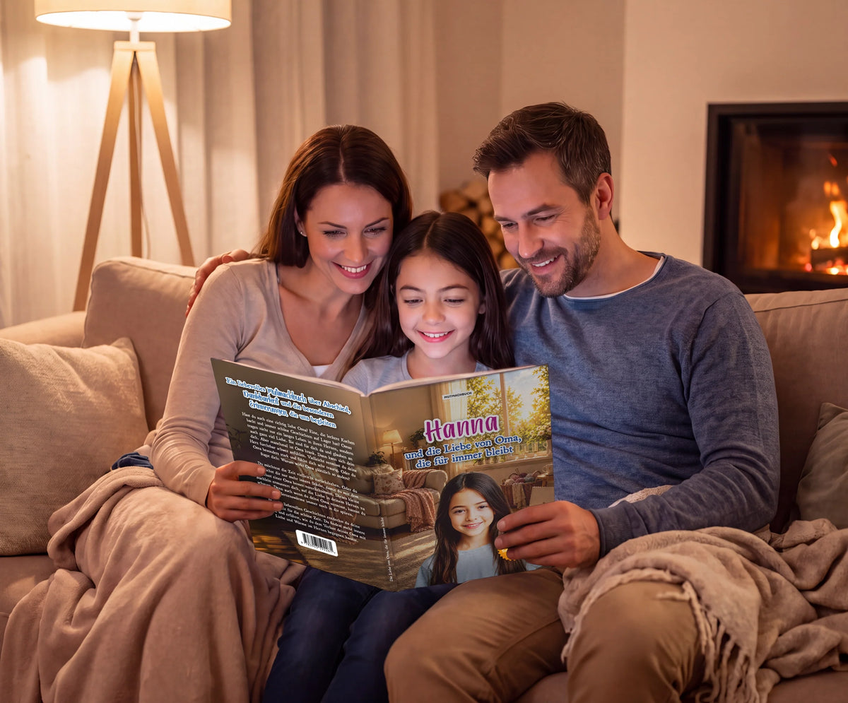 Personalisiertes Mutmachbuch für Mädchen beim Abschied von Oma – Familie liest das Buch gemeinsam