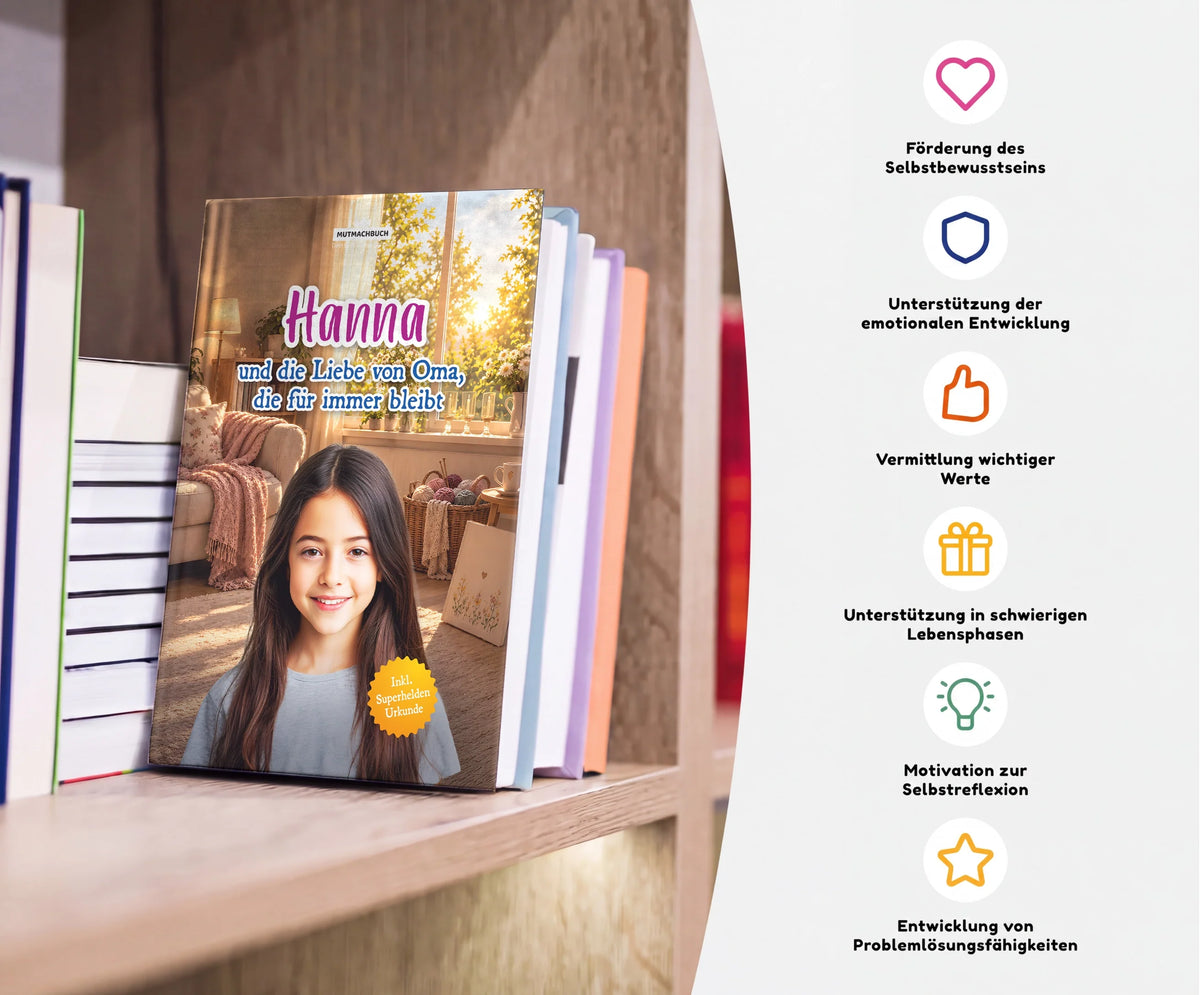 Personalisiertes Mutmachbuch für Mädchen beim Abschied von Oma – Buch im Regal mit seinen Vorteilen
